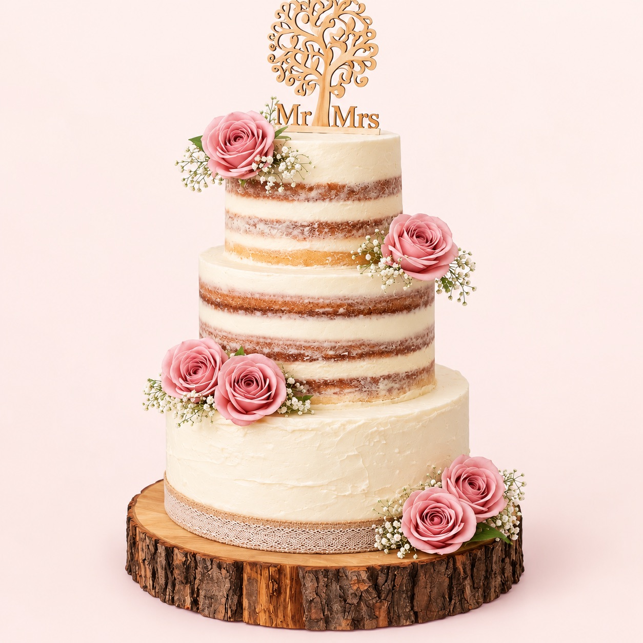 Three-tier semi-naked wedding cake with pink roses and gypsophila, a wooden Mr & Mrs tree topper, on a log slice